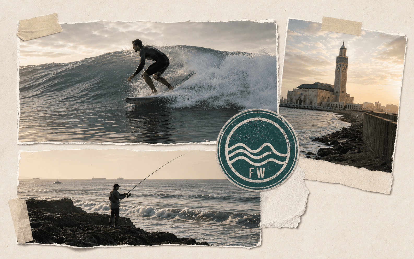 Casablanca surfer, shore fisherman, and Hassan II Mosque collage