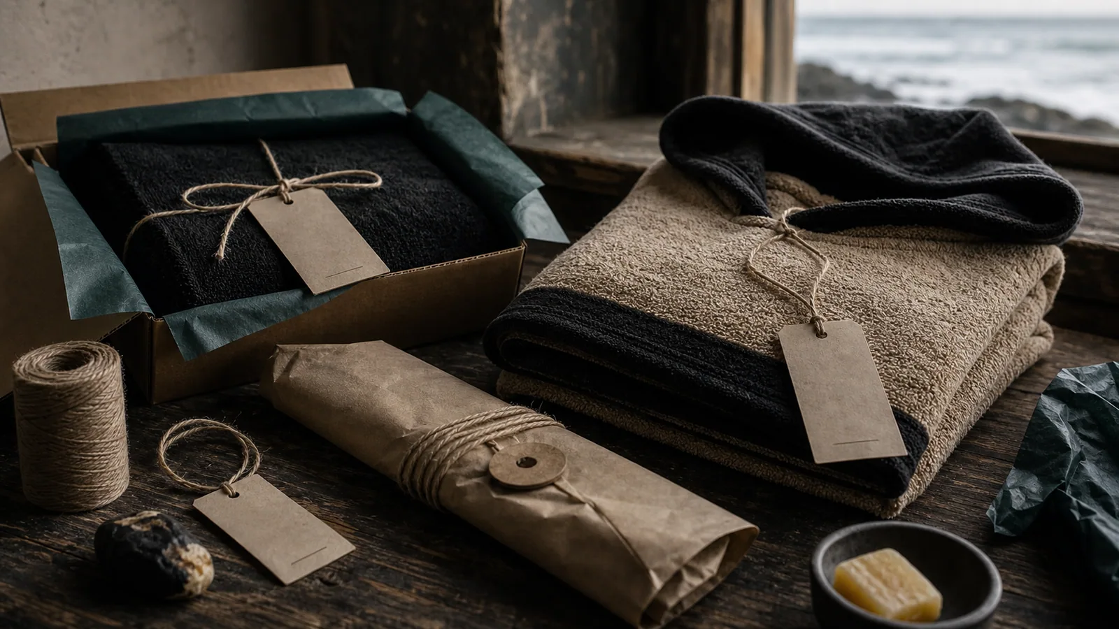 Folded poncho fabric, numbered edition tag, and coastal packaging prepared for a limited drop