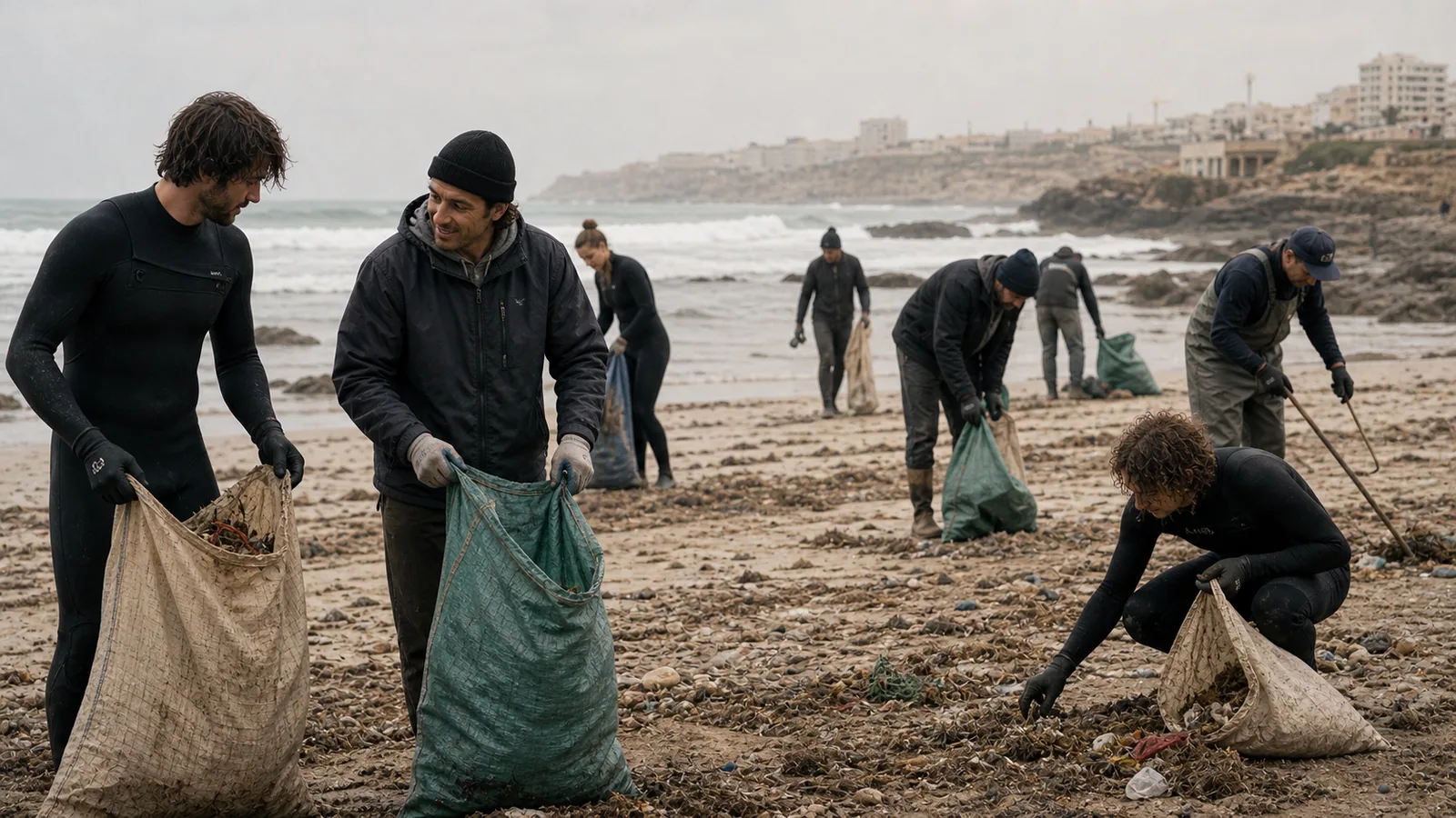 Surfers and shore fishers collecting litter together on a Moroccan Atlantic beach